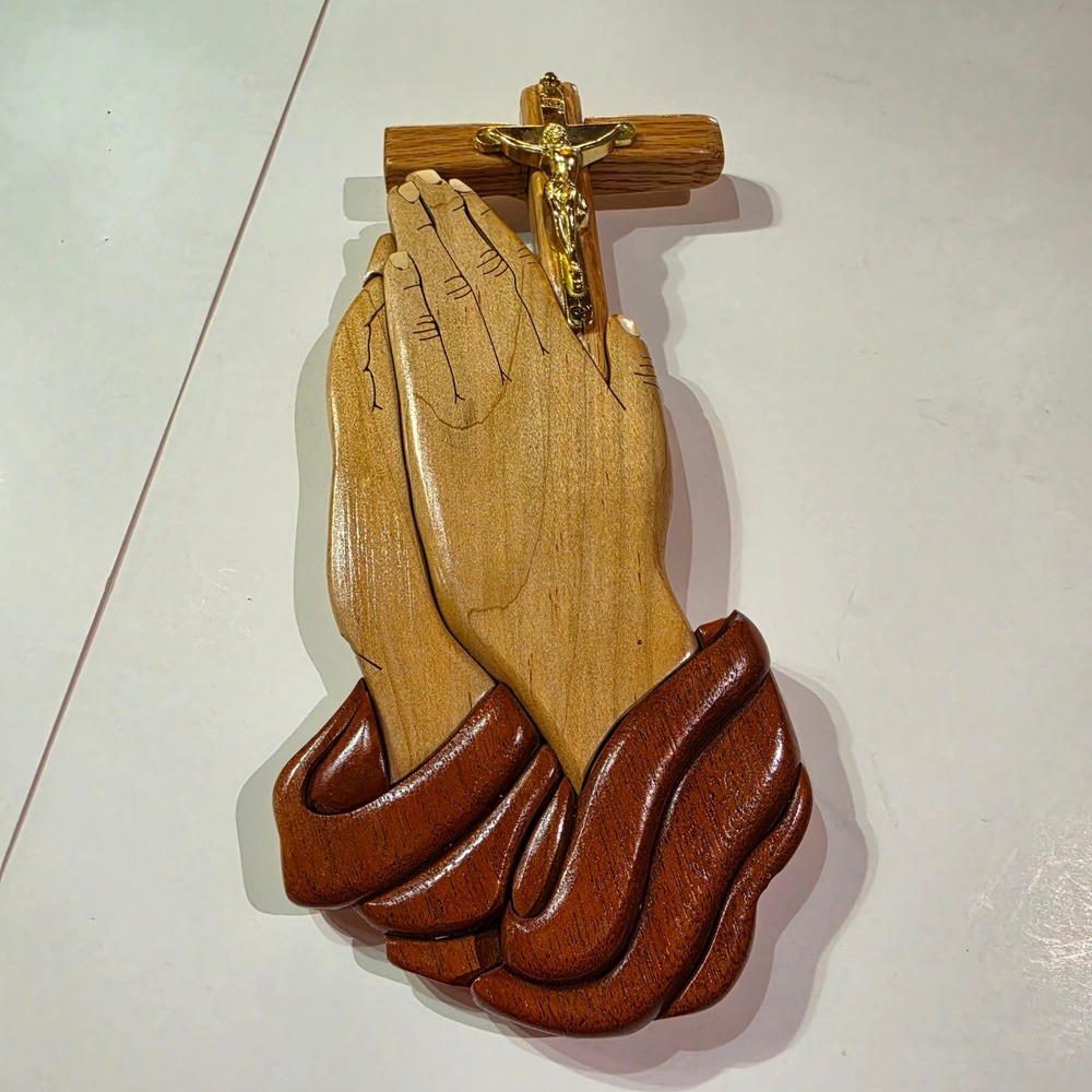 Vintage Intarsia Wood Praying Hands Wall Plaque with Gold Crucifix 11.5"×6"
